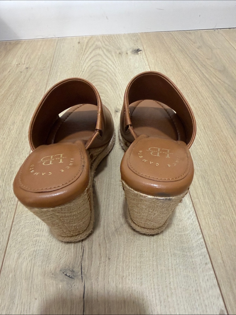Vince Camuto Cognac Leather Wedge Slide Sandals - Picture 4 of 7